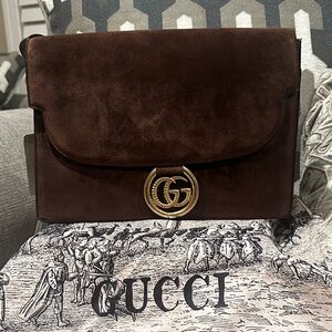 Gucci Rich Brown Suede Torchon GG Ring Medium Shoulder Bag with Gold Emblem